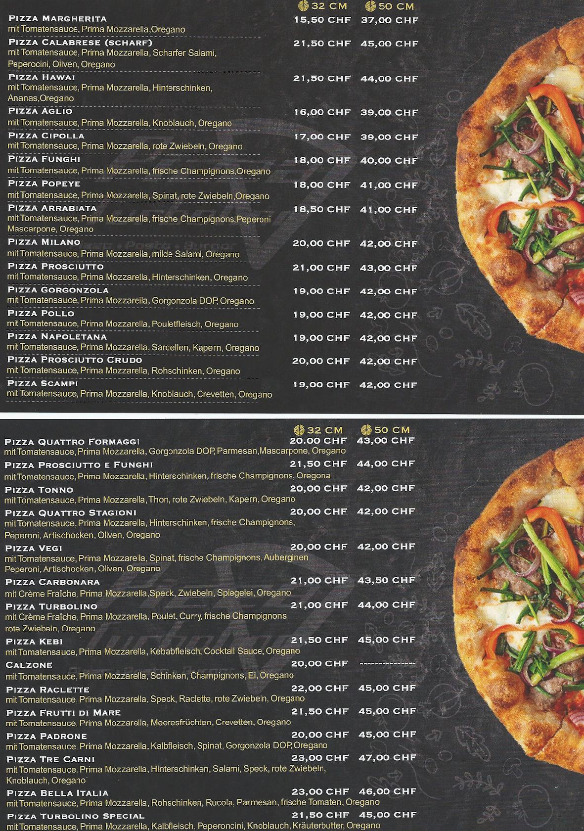 Menu at Pizza Turbolino GmbH, Wetzikon