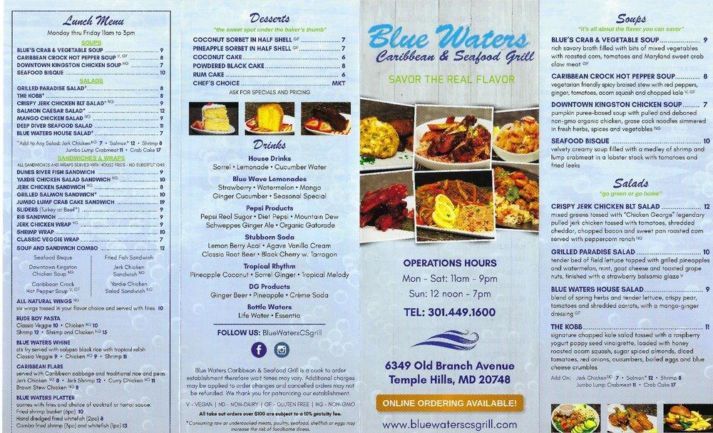 Menu At Blue Waters Caribbean And Seafood Grill Restaurant Temple Hills