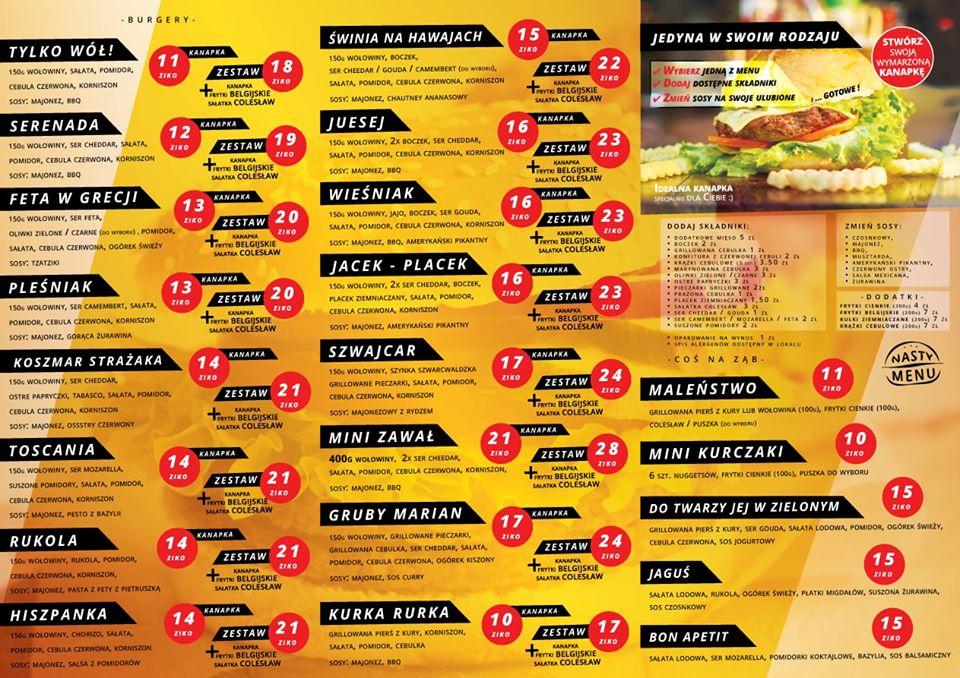 Menu at Nasty Burger restaurant, Tczew