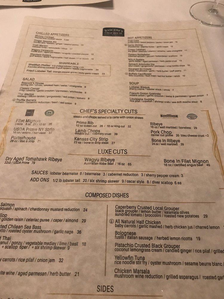 Menu at Chop House steakhouse, Clearwater, Ulmerton Rd