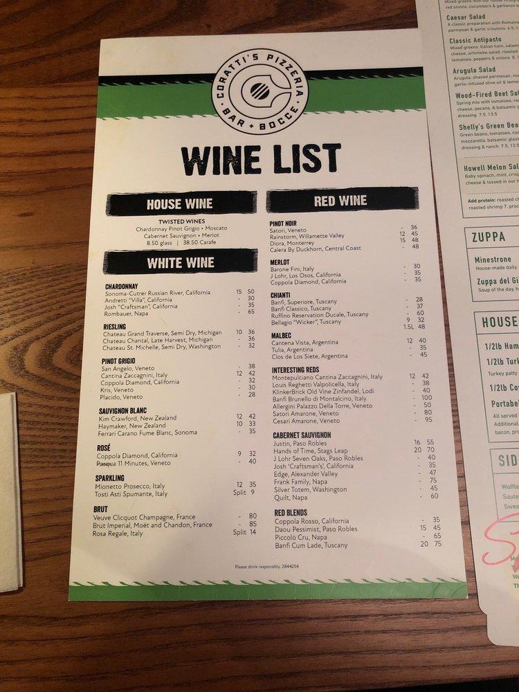 Menu at Coratti's Pizzeria Bar and Bocce, Howell