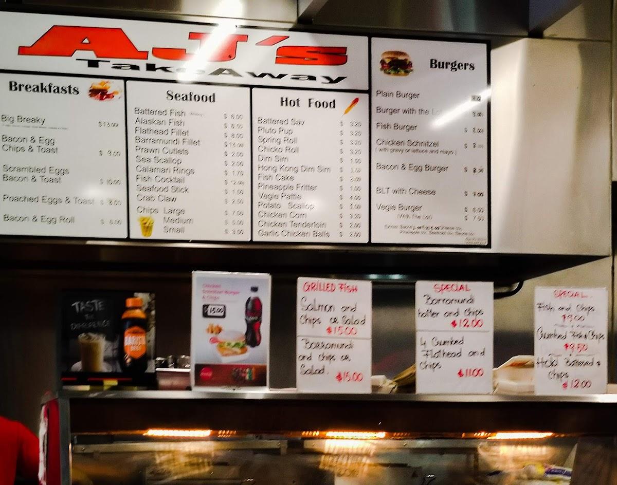 Menu at AJ's Cafe Take Away, Queanbeyan