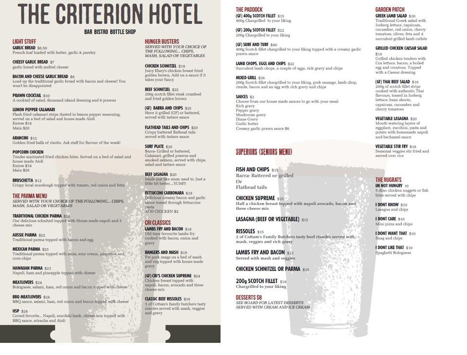 Menu at Criterion Hotel Rochester pub & bar, Rochester