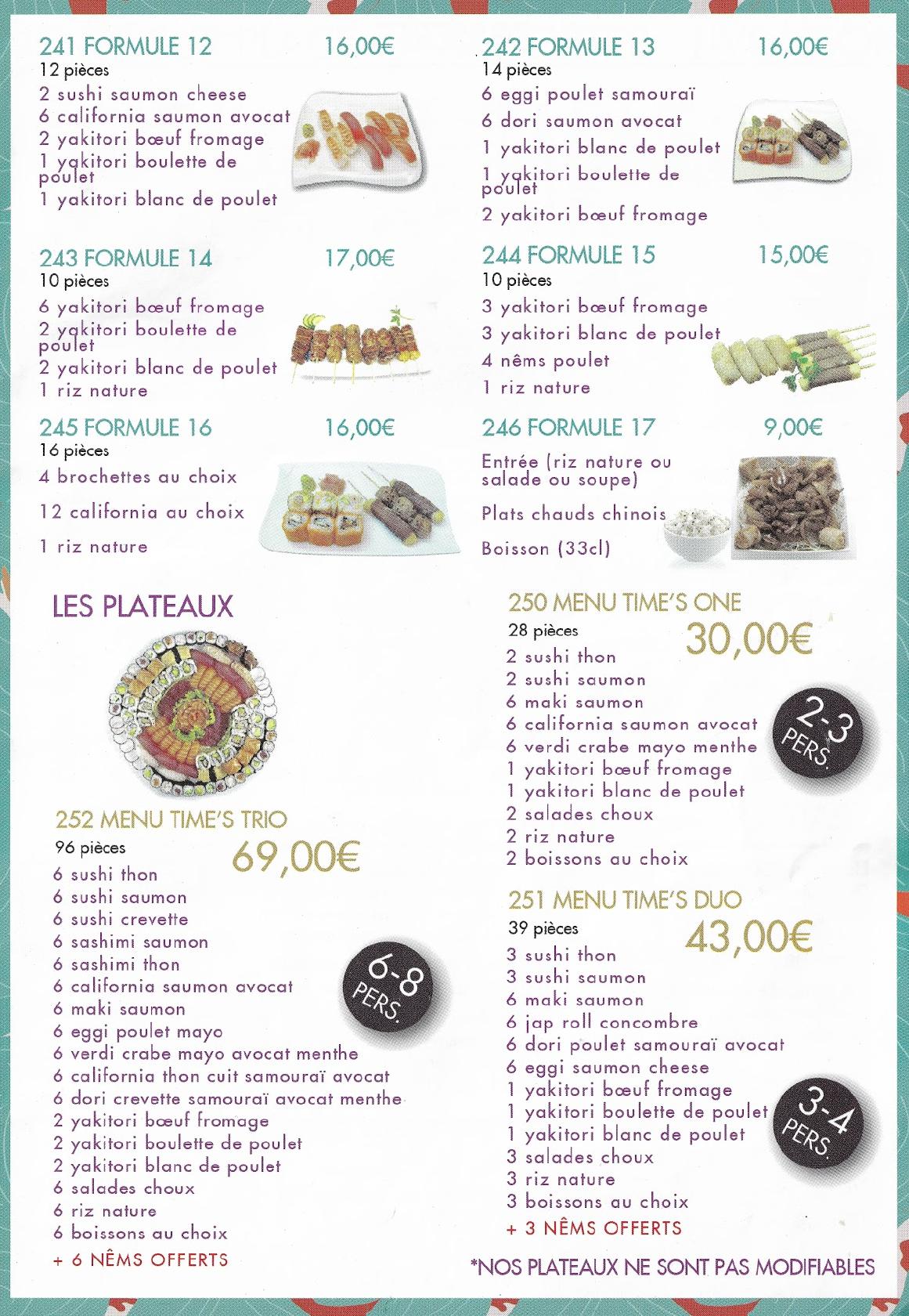 Menu at Sushi Time's restaurant, Maurepas