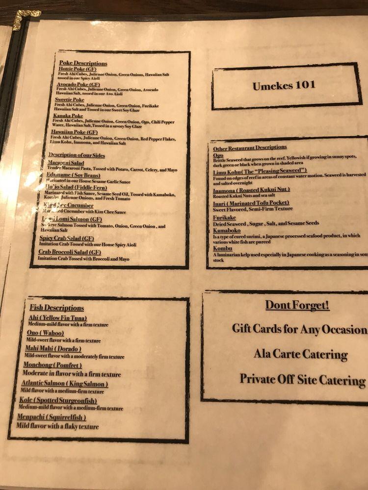 Menu at Umekes Fish Market Bar & Grill, KailuaKona, 745599 Pawai Pl