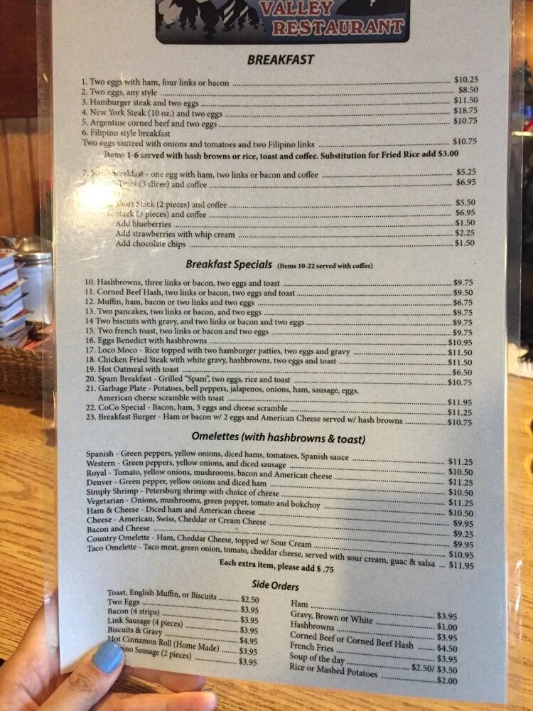 Menu at Valley Restaurant, Juneau, Glacier Hwy