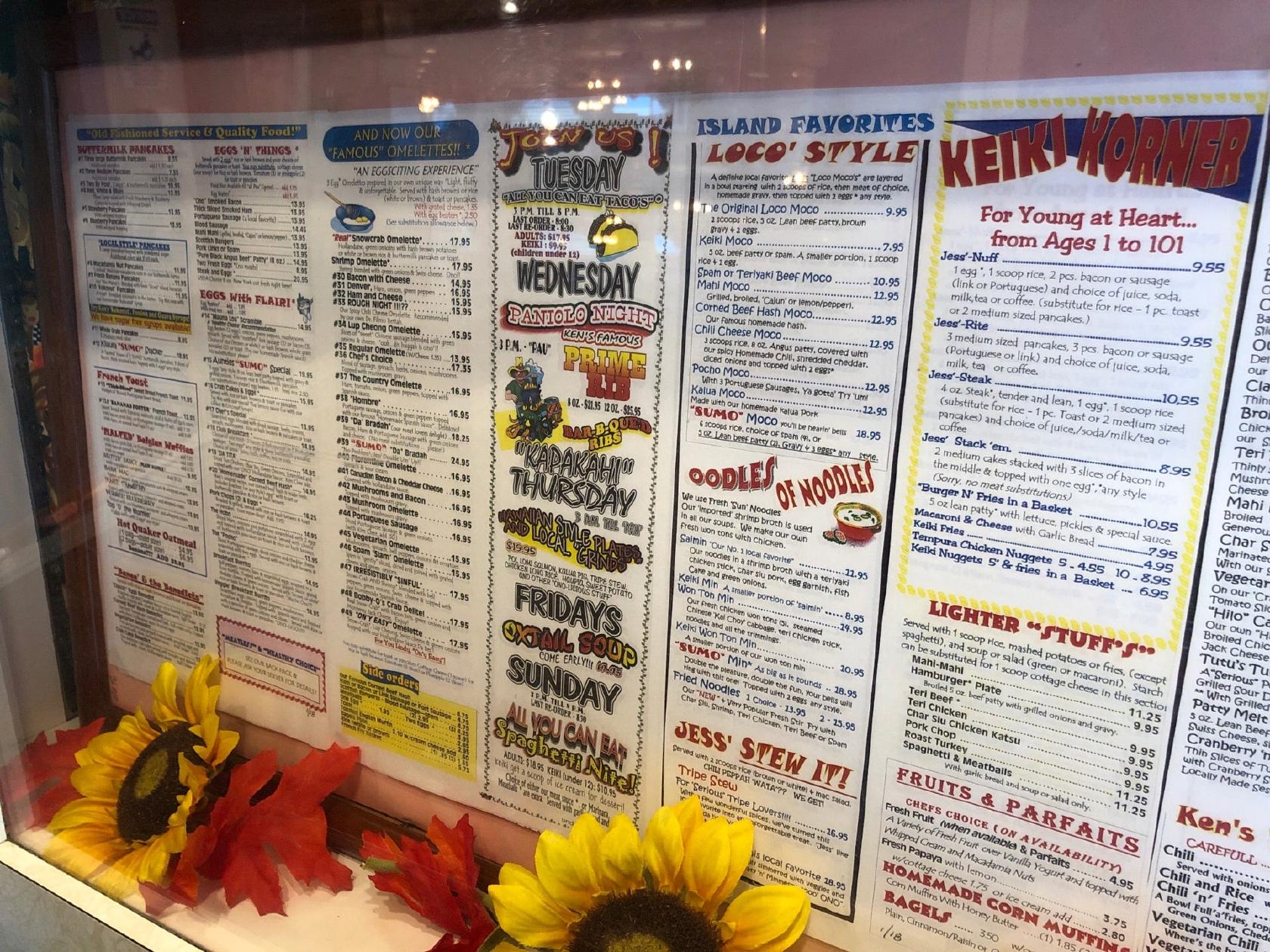 Menu at Ken's House of Pancakes restaurant, Hilo