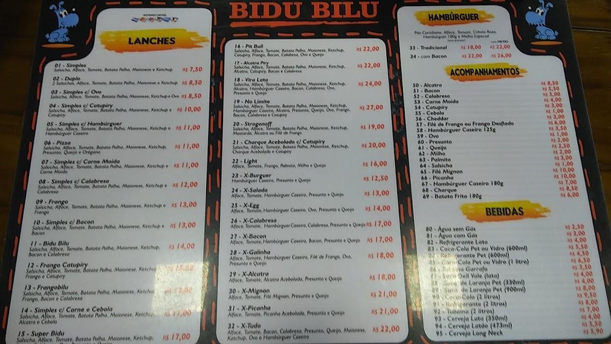 Bidu Bilu Lanches e Hamburgueria cardápio