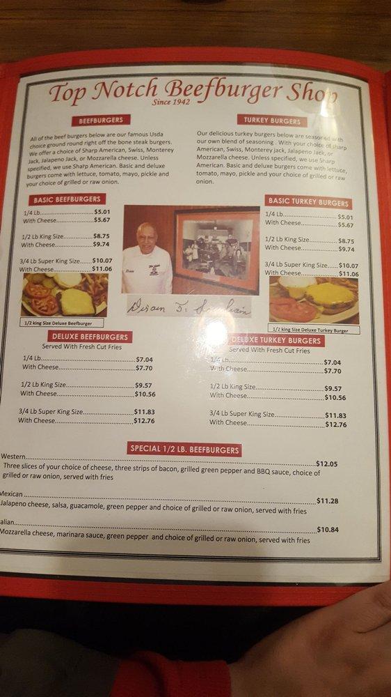 Menu at Top Notch Beefburgers restaurant, Chicago, W 95th St
