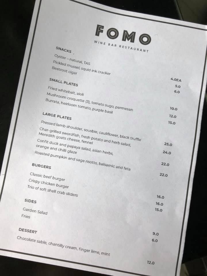 Menu at FOMO Wine Bar Restaurant, Docklands