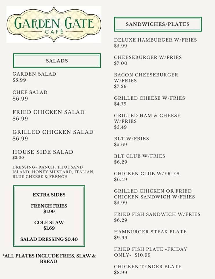 Menu at Garden Gate Café restaurant, Muscle Shoals