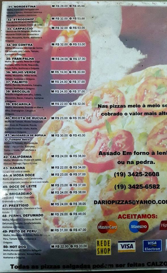 Menu at Dário Pizzas pizzeria, Piracicaba, Rua Ephigênia Miotto Cesta