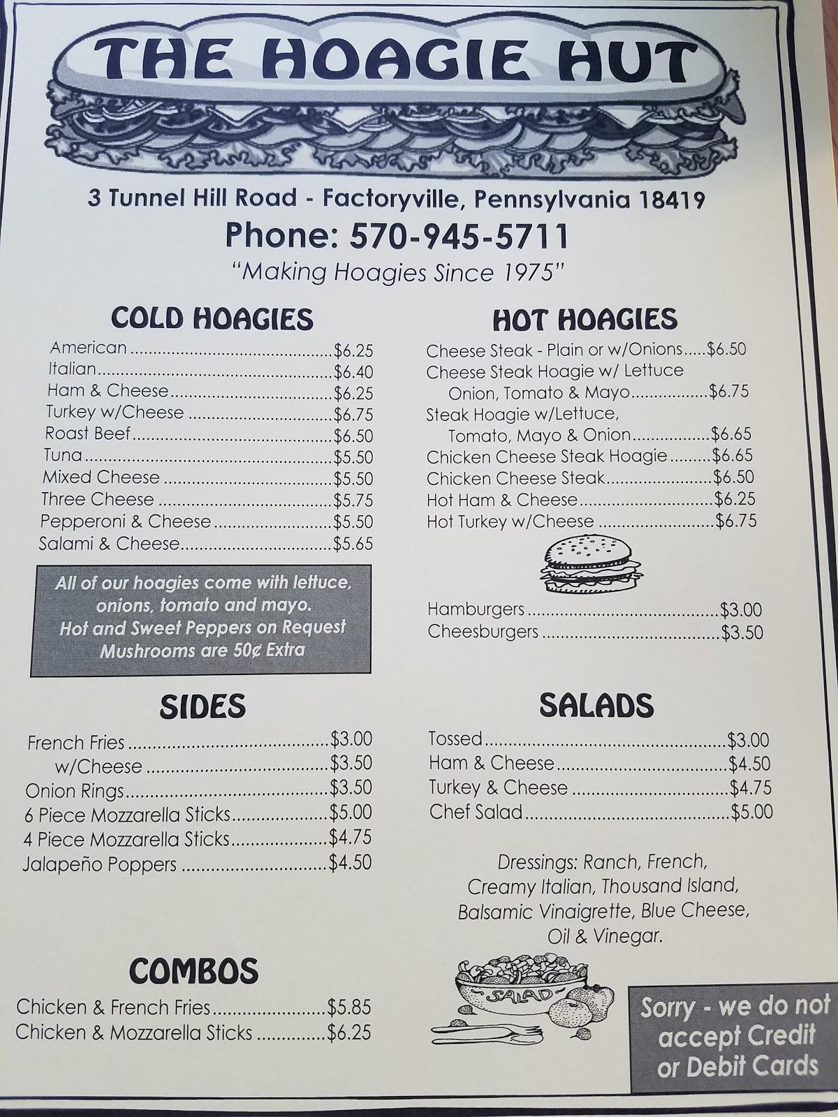 Menu at The Hoagie Hut restaurant, Factoryville