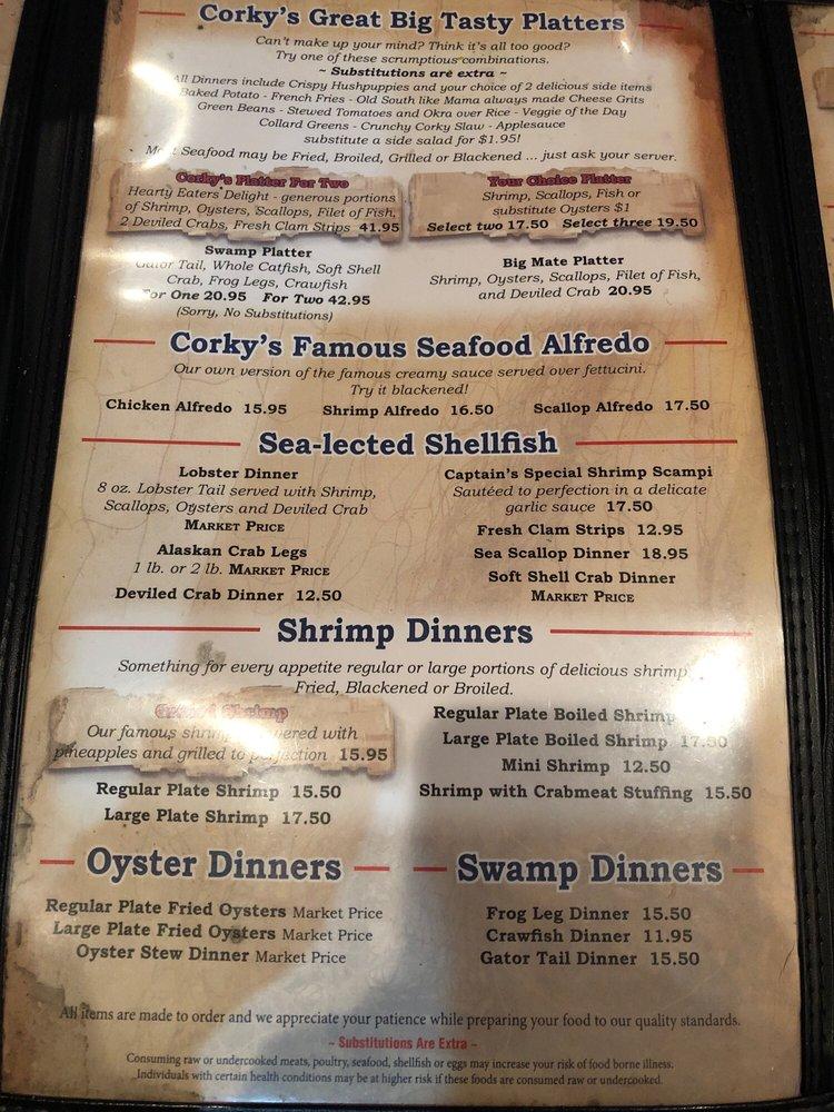 Menu at Corky Bell's Seafood at Gator Landing steakhouse, East Palatka