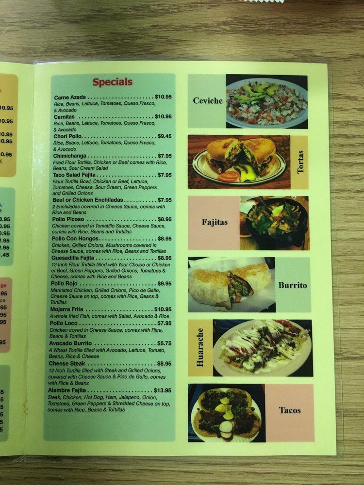 Menu at Tacos el Mariachi restaurant, Kingsport