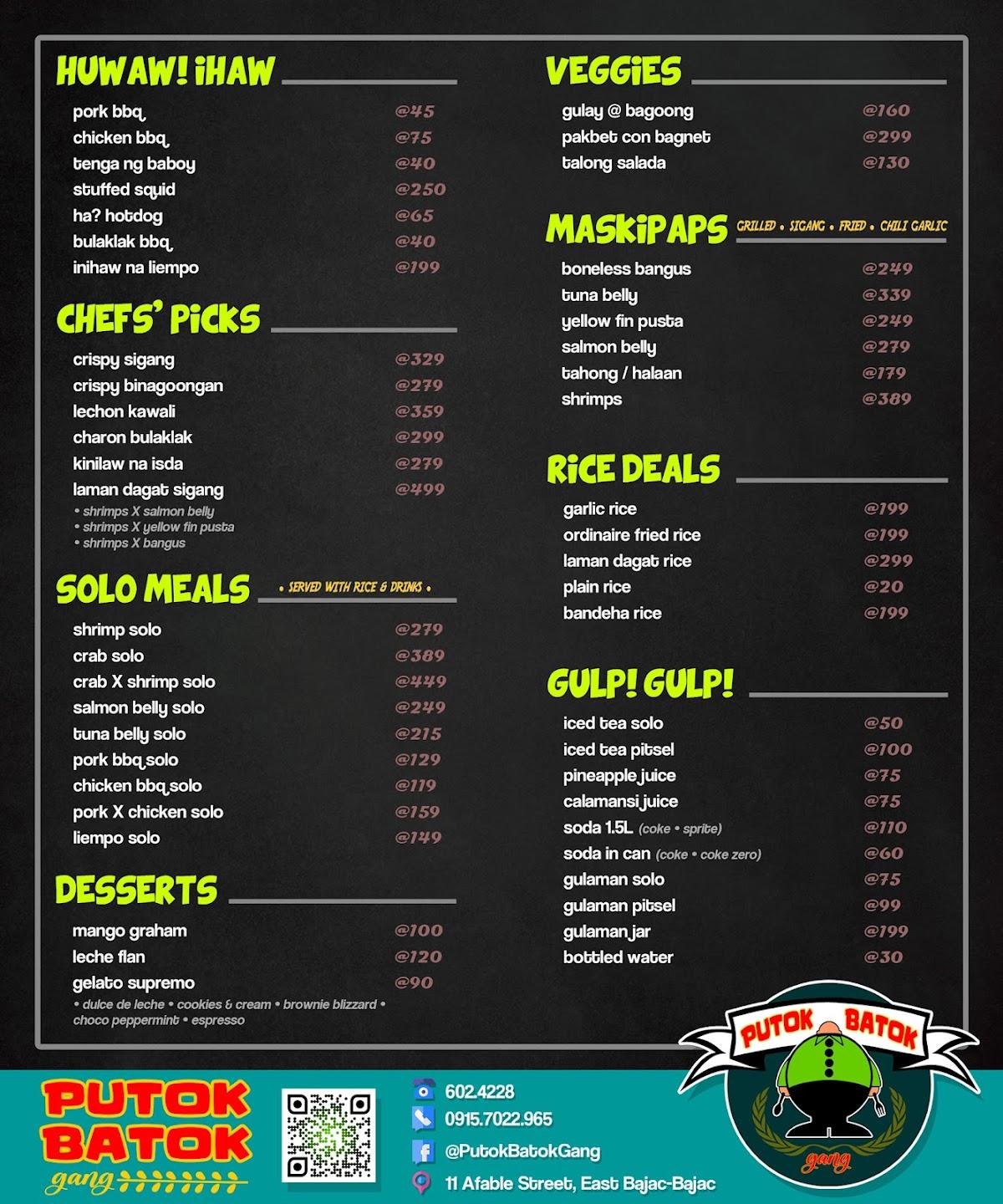 Menu at Putok Batok Gang restaurant, Olongapo, 11 Afable Street