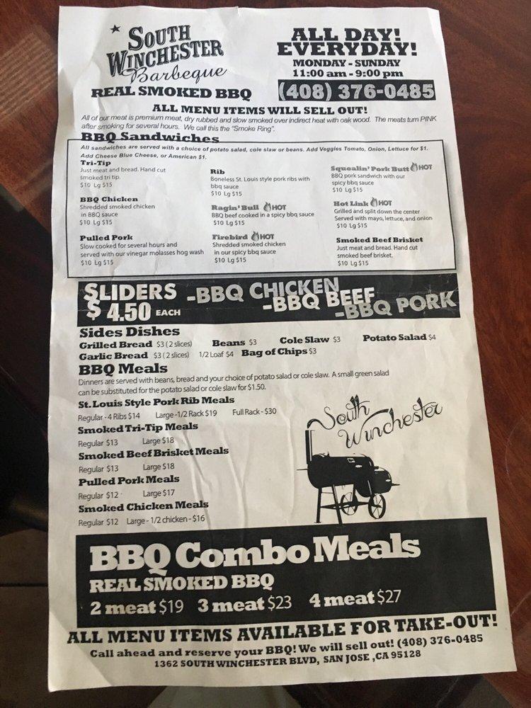 Menu at South Winchester BBQ, San Jose