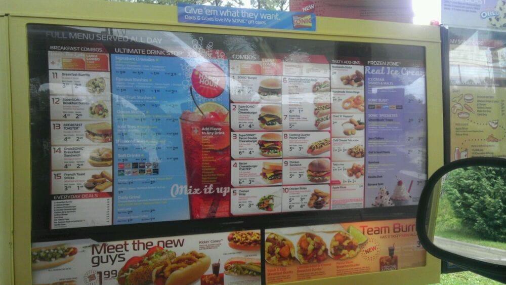 Menu at Sonic DriveIn fast food, Zebulon