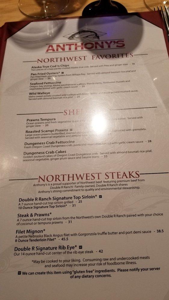 Menu at Anthony's at Coeur d'Alene restaurant, Coeur d'Alene