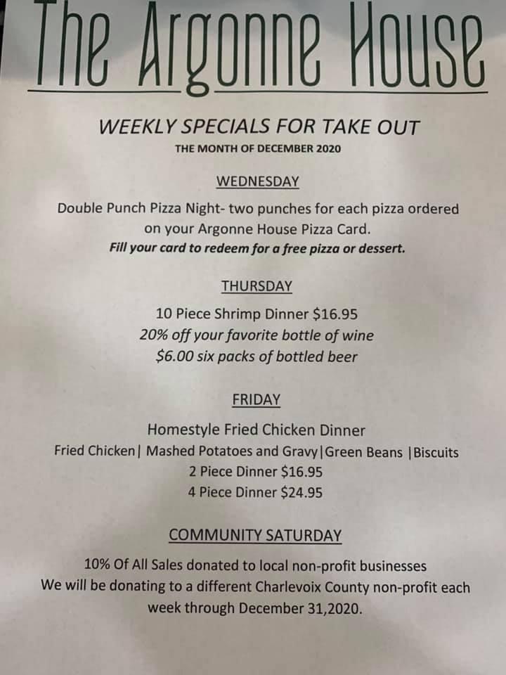 Menu at The Argonne House pizzeria, Charlevoix