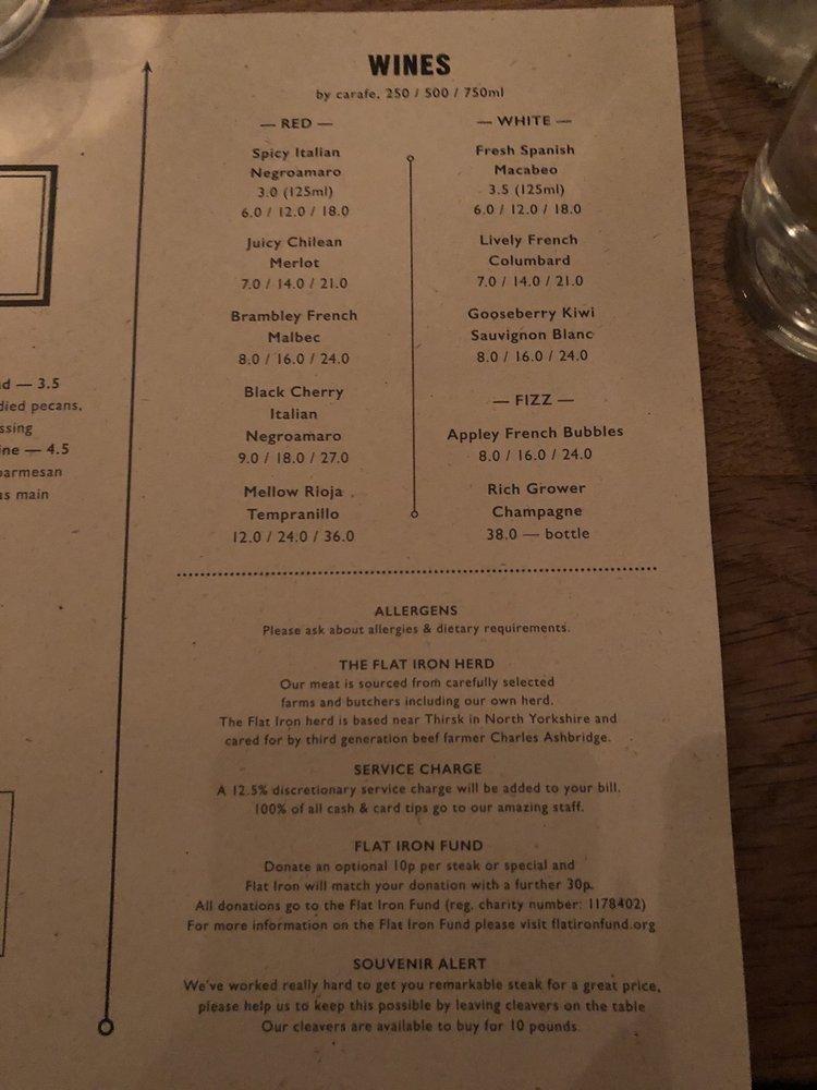 Menu at Flat Iron steakhouse, London, 9 Denmark St