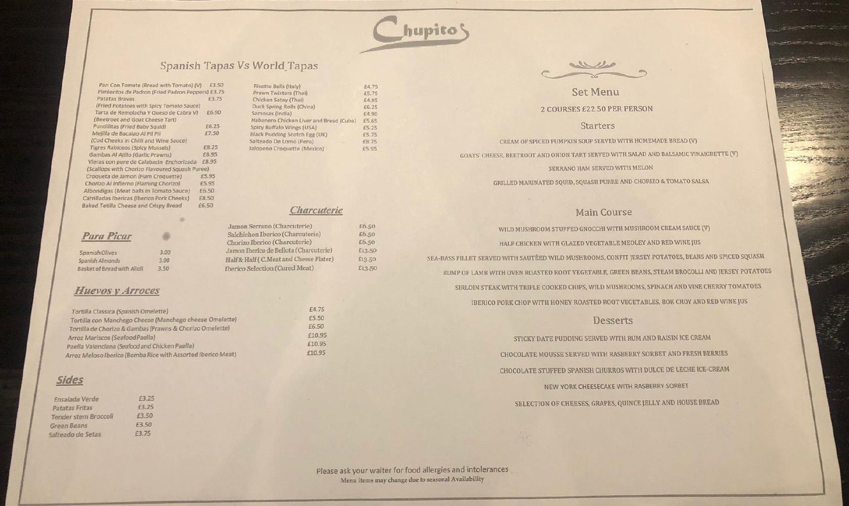 Menu at Chupitos pub & bar, Welling