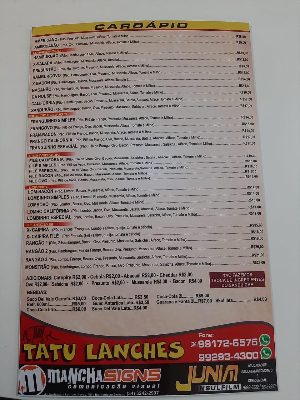 Menu em Tatu Lanches cafeteria, Araguari