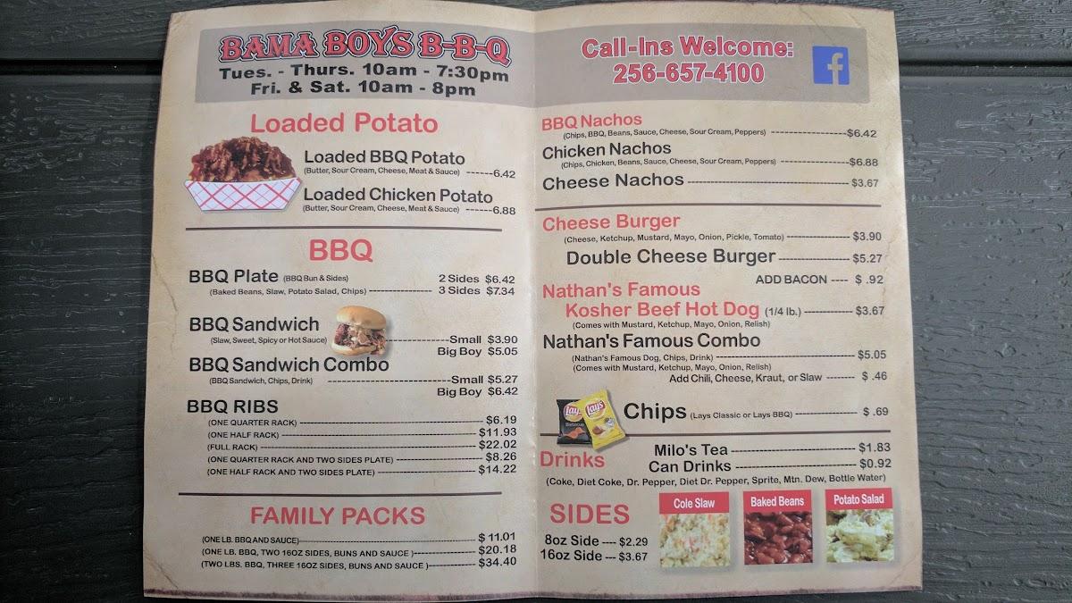 Menu at Bama Boys BBQ, Henagar