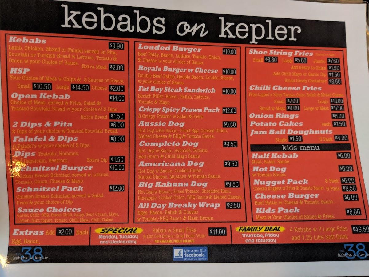 Menu at Kebabs on Kepler fast food, Warrnambool