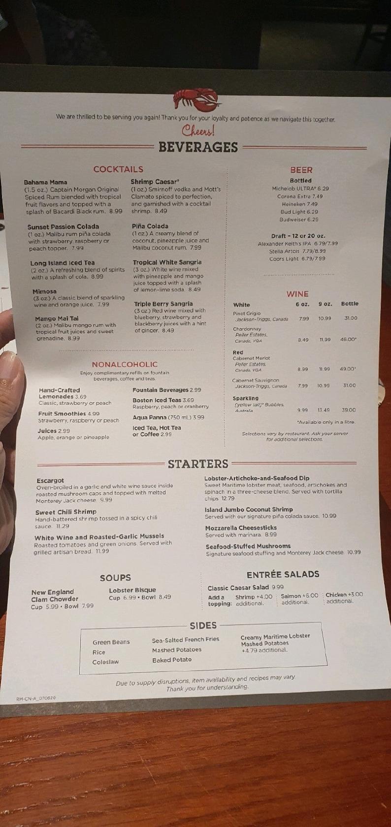Menu at Red Lobster pub & bar, Vaughan, Yonge St