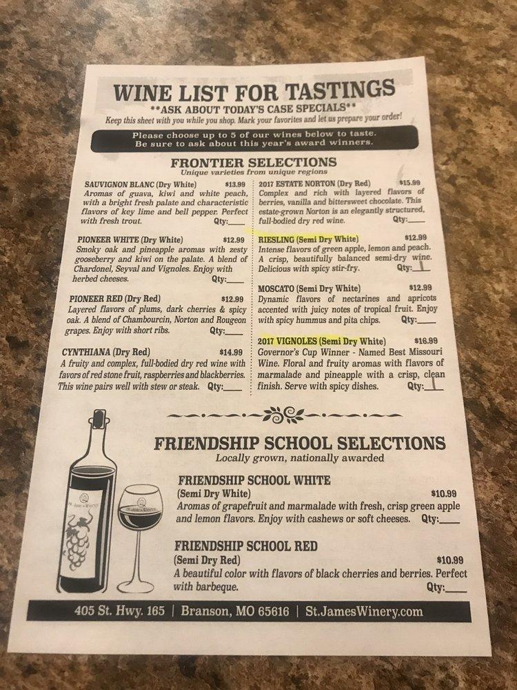 Menu at St. James Winery Branson pub & bar, Branson