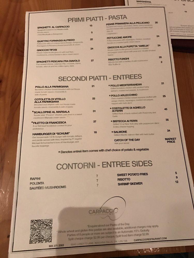Menu at Carpaccio Restaurant & Wine Bar, Niagara Falls