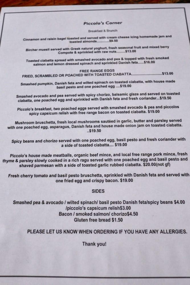 Menu at Piccolo's Corner cafe, West Leederville