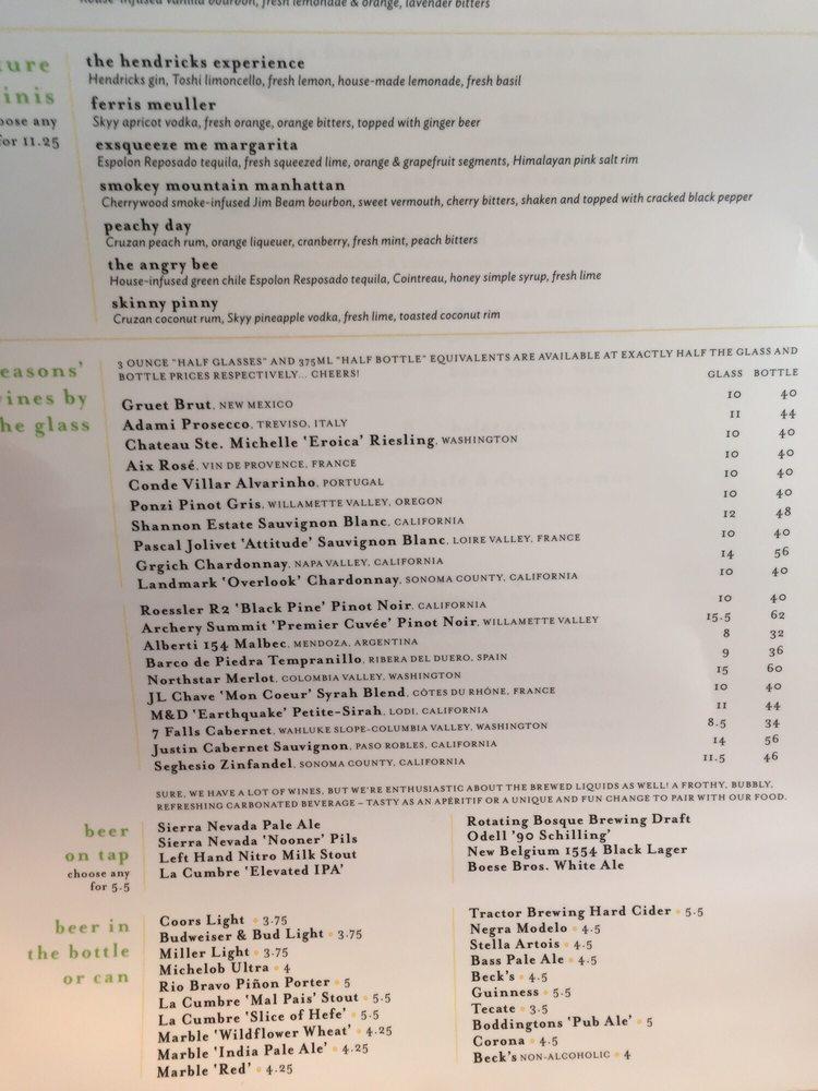 Menu at Seasons Rotisserie & Grill restaurant, Albuquerque