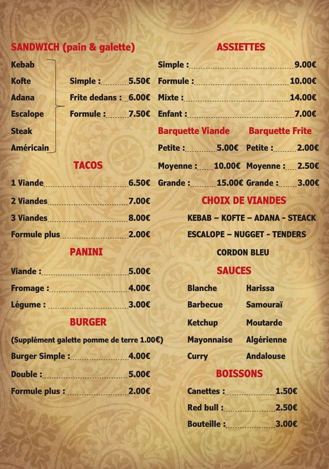 Menu at Kapadokya Kebab Restaurant, PontSaintEsprit