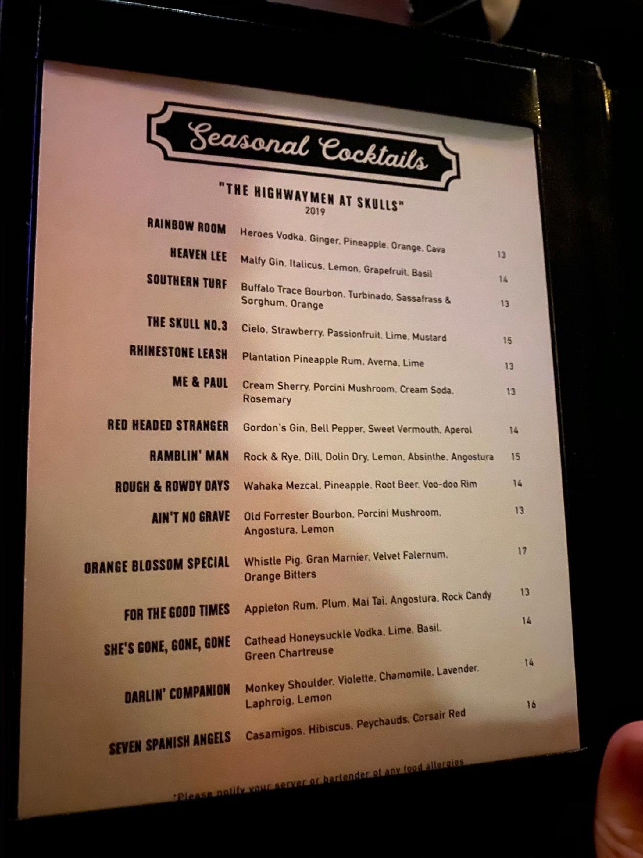 Menu at Skull's Rainbow Room pub & bar, Nashville, 222 Printers Alley