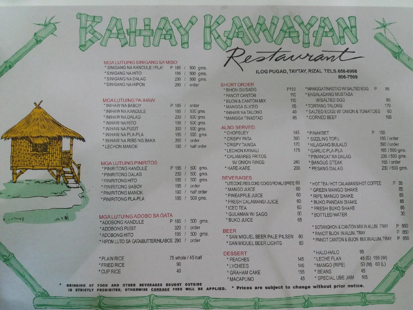 Carta De Bahay Kawayan Restaurant Taytay H43qcfv 2497