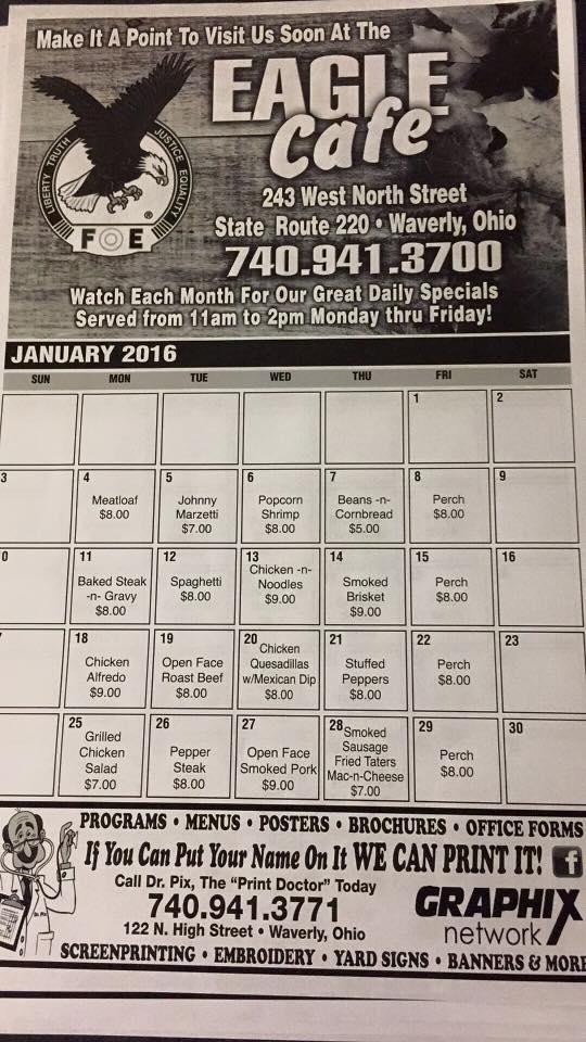 Menu at Eagle Cafe, Waverly, 243 W North St