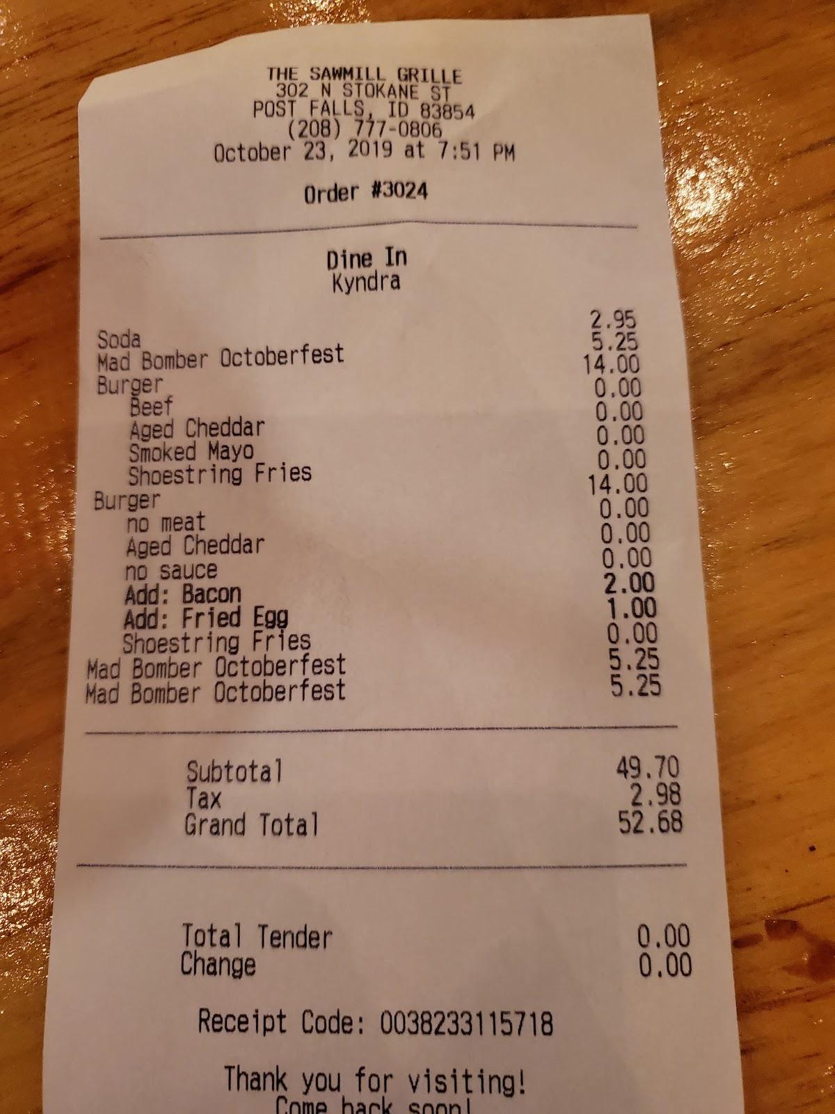 Menu at Sawmill Grille & Spirits pub & bar, Post Falls