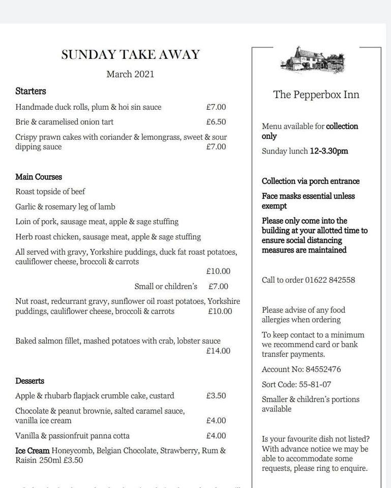 Menu at Pepper Box Inn pub & bar, Kingswood, Windmill Hill