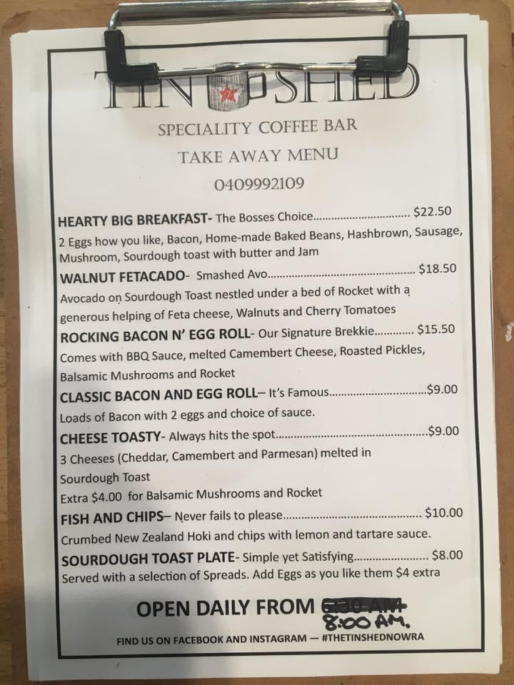 Menu at The Tin Shed Nowra cafe, Nowra