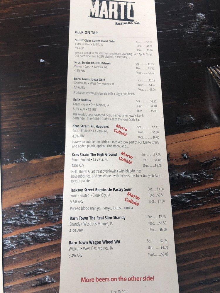 Menu at Marto Brewing Co pub & bar, Sioux City