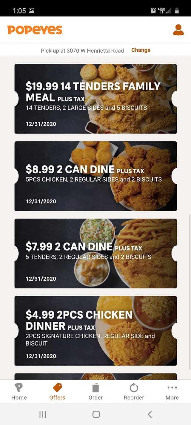 Menu at Popeyes restaurant, Rochester