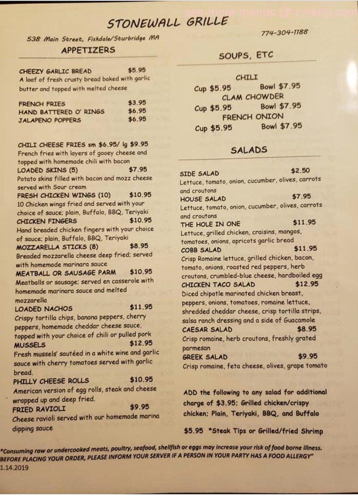 Menu at Stonewall Tavern &Grille steakhouse, Sturbridge
