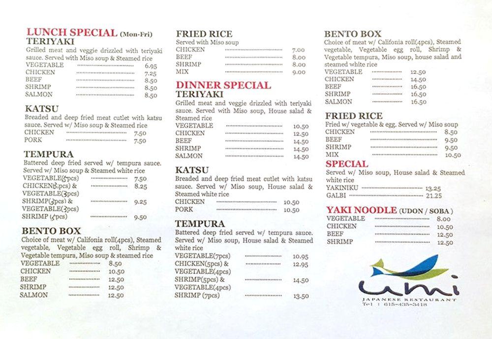 Menu at Umi Japanese Restaurant, Franklin