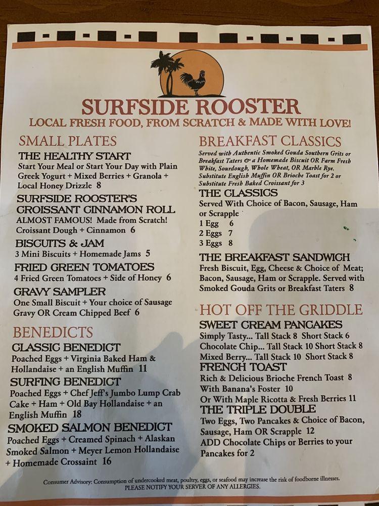 Menu at Surfside Rooster restaurant, Ocean City