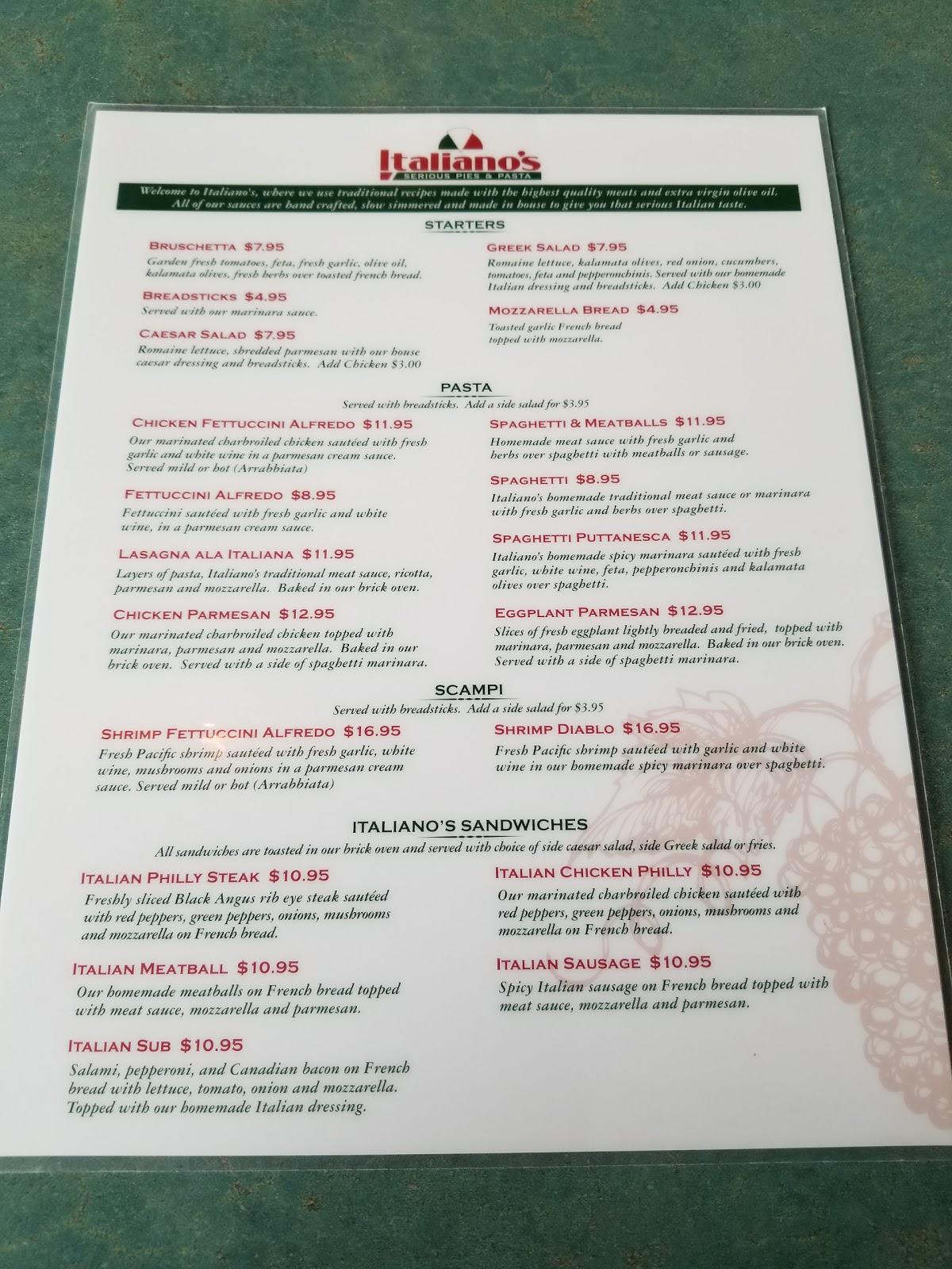 Menu at Italiano's Serious Pies & Pasta Restaurant, West Richland