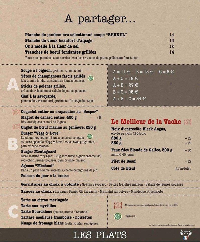 Menu at Oh La Vache Bistro Alpin restaurant, Tignes