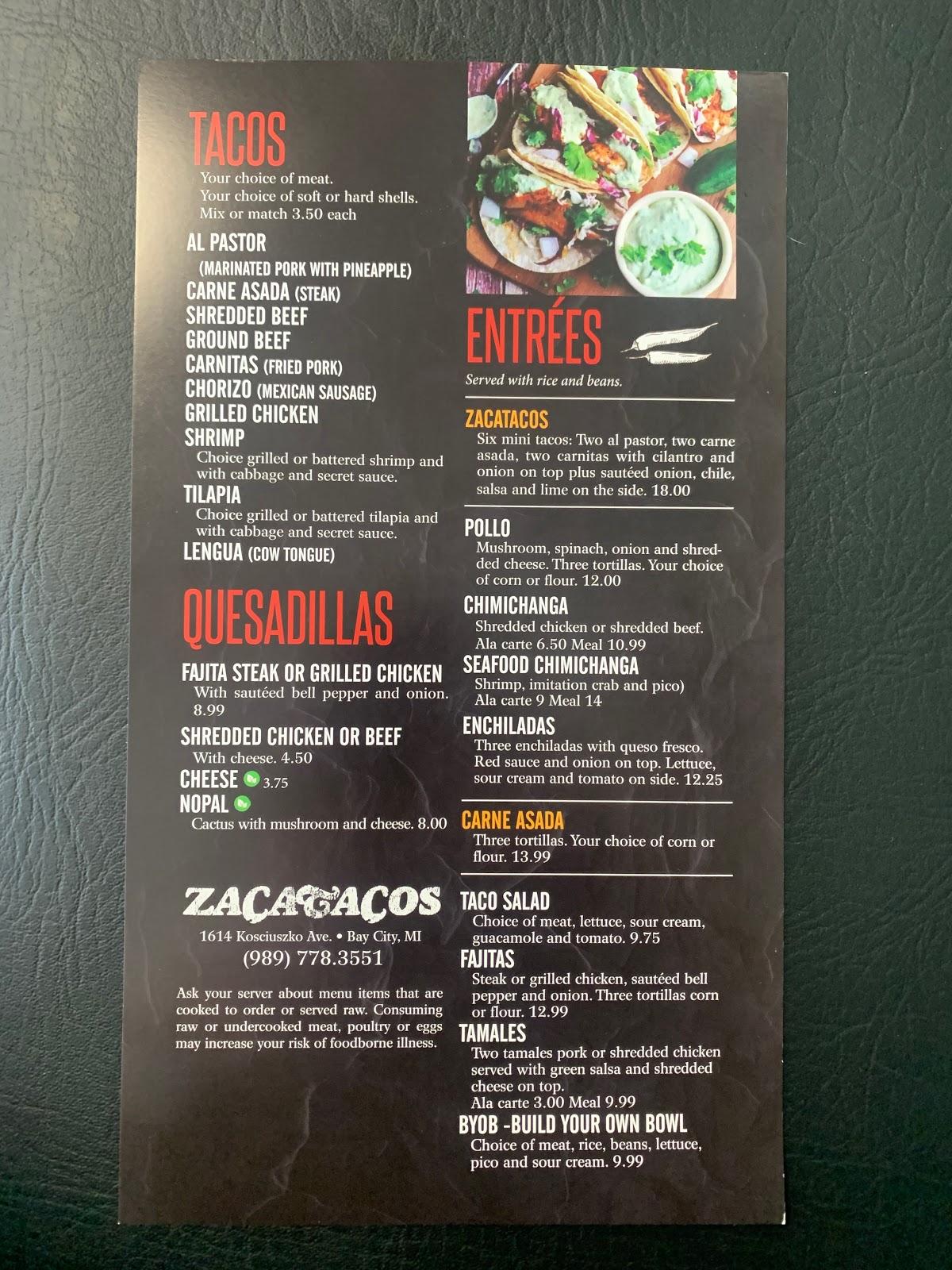 Menu at Zacatacos restaurant, Bay City