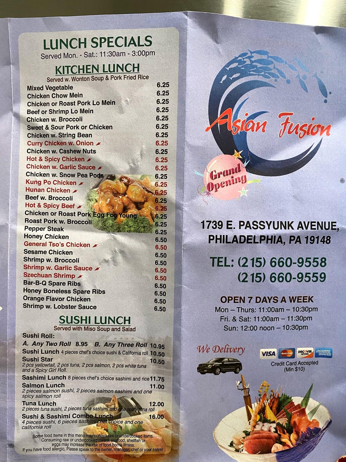 Menu at Asian Fusion restaurant, Philadelphia, E Passyunk Ave